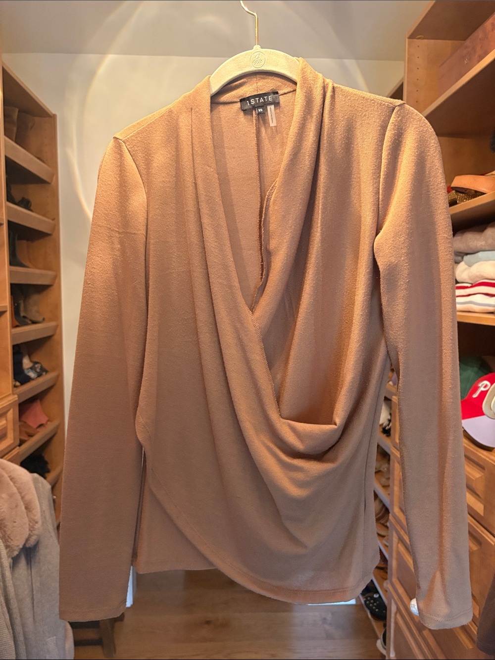 1. State Draped V-Neck Sweater Top in Camel Tan